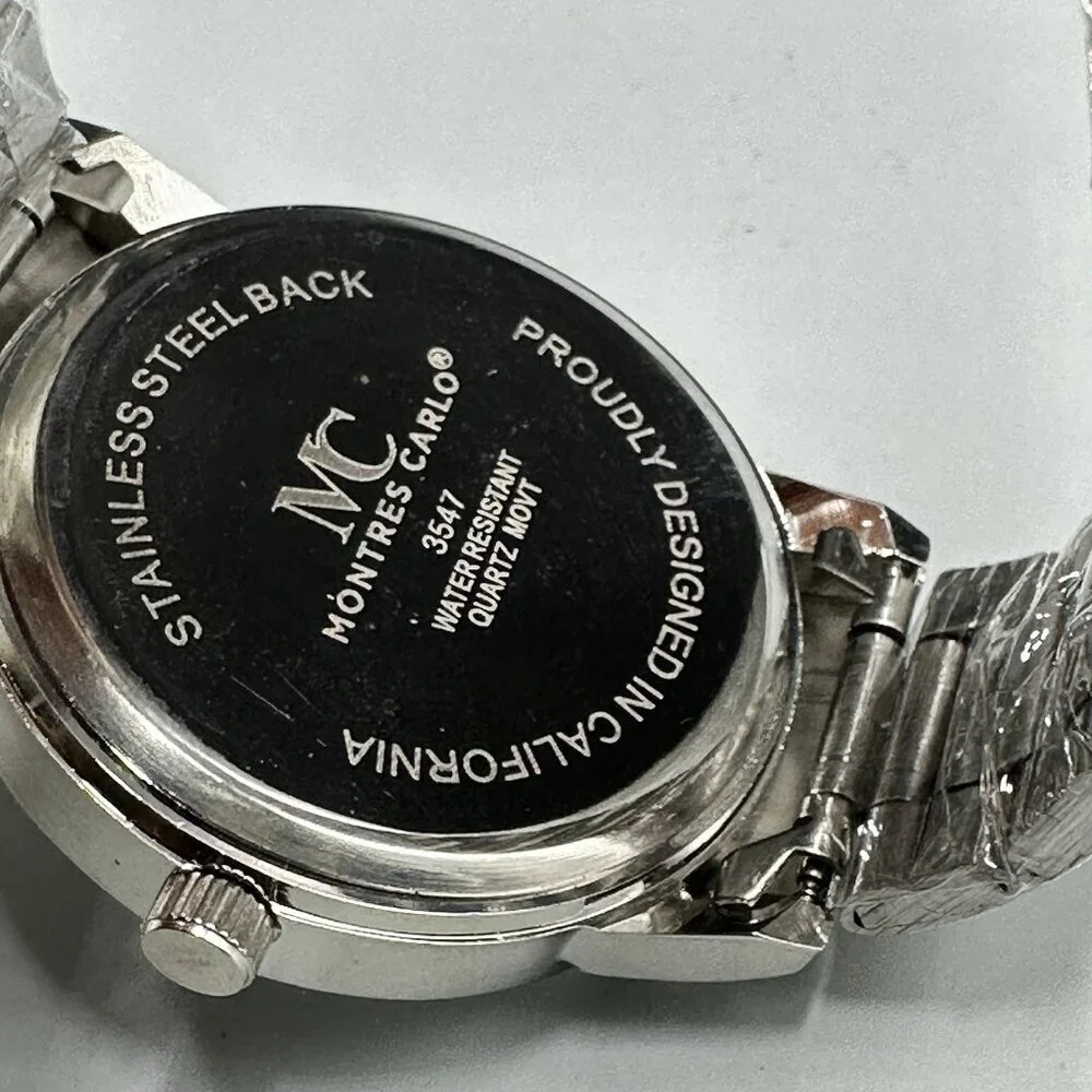 Montres Carlo Watch Men Silver Tone White Dial Round 38MM New Battery 8.25